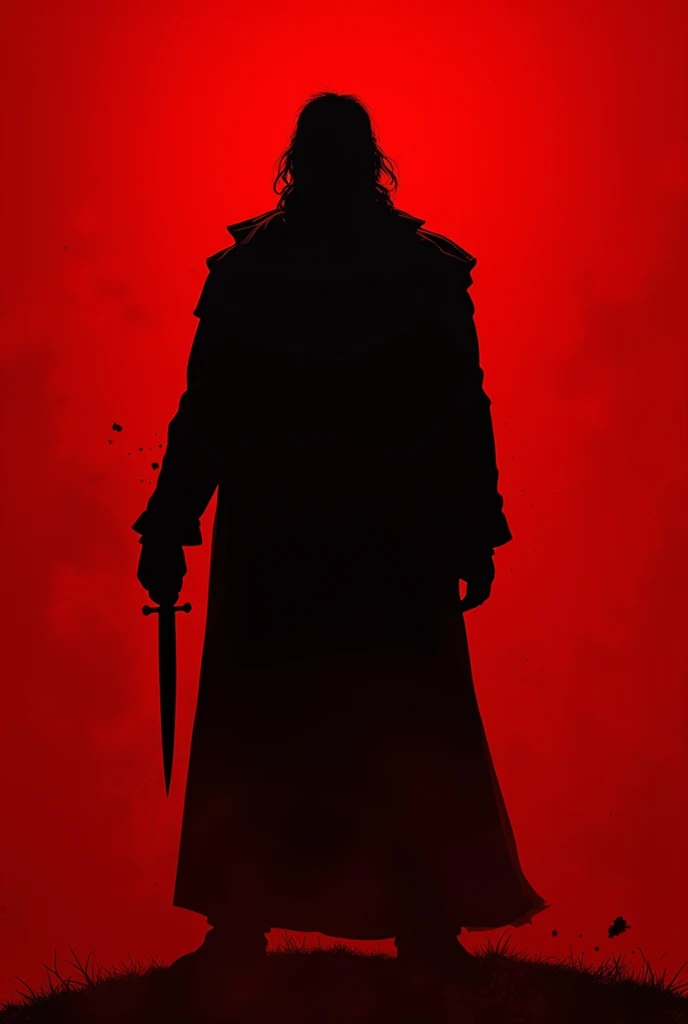 a silhouette of Cain with a knife in his hand with a red background and the silhouette of Cain has blood-red spots