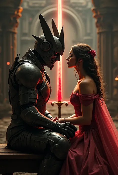 A knight in a uniquely captivating, Transformer-like armor, his eyes obscured, and a breathtakingly beautiful princess in elegant, bodily covered attire sit closely on a wooden bench in the heart of a vast, dark, and mystical realm. Facing away from us, th...