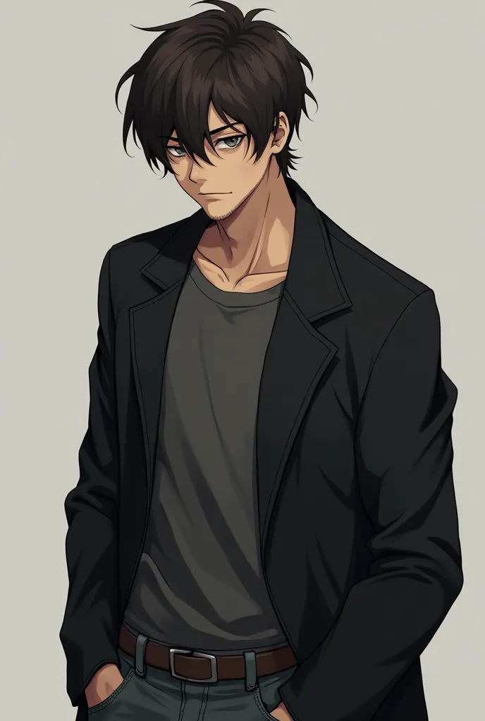 anime man in his early 20s, from the shoulder up, with a sharp yet weary look. His dark brown hair is slightly unkempt, falling over his forehead in tousled strands. His deep-set, stormy gray eyes always seem lost in thought, framed by faint shadows from s...