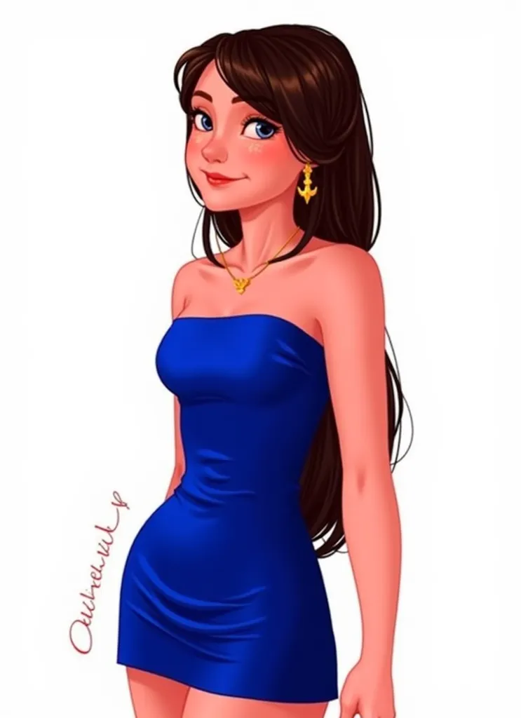  A very beautiful woman , bib with jet-black hair, making a braid, blue eyes, wearing a dark blue dress , Smile digital illustration,