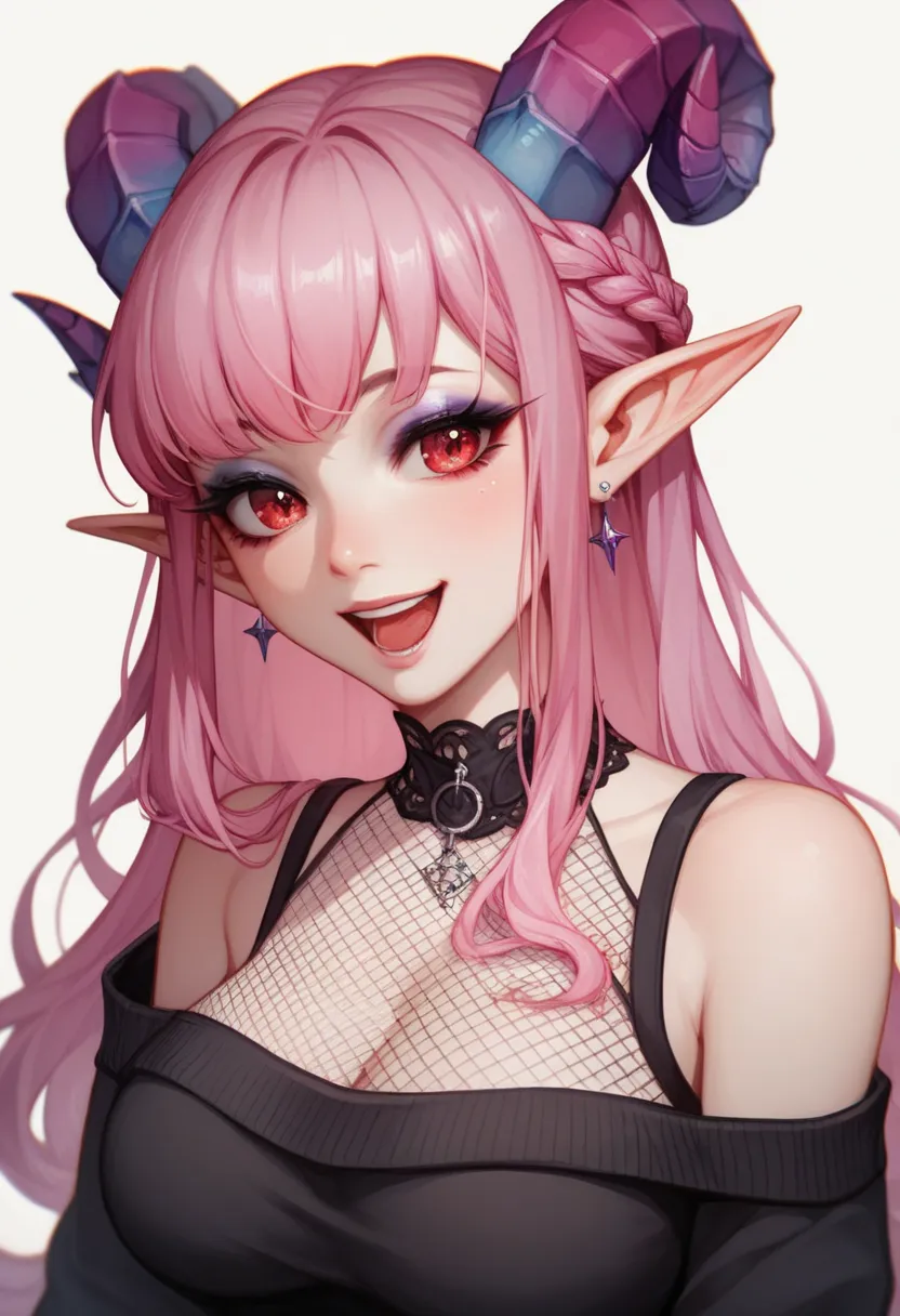 pink hair split lilac baby violet hair multicolored), multicolored ,long assimetrycalL bangs, makeup, eyeshadow, gothic, fishnet top, long hair tied natural french braid, lace,light off the shoulder sweater with tank top underneath, satchels, idol, kpop (e...