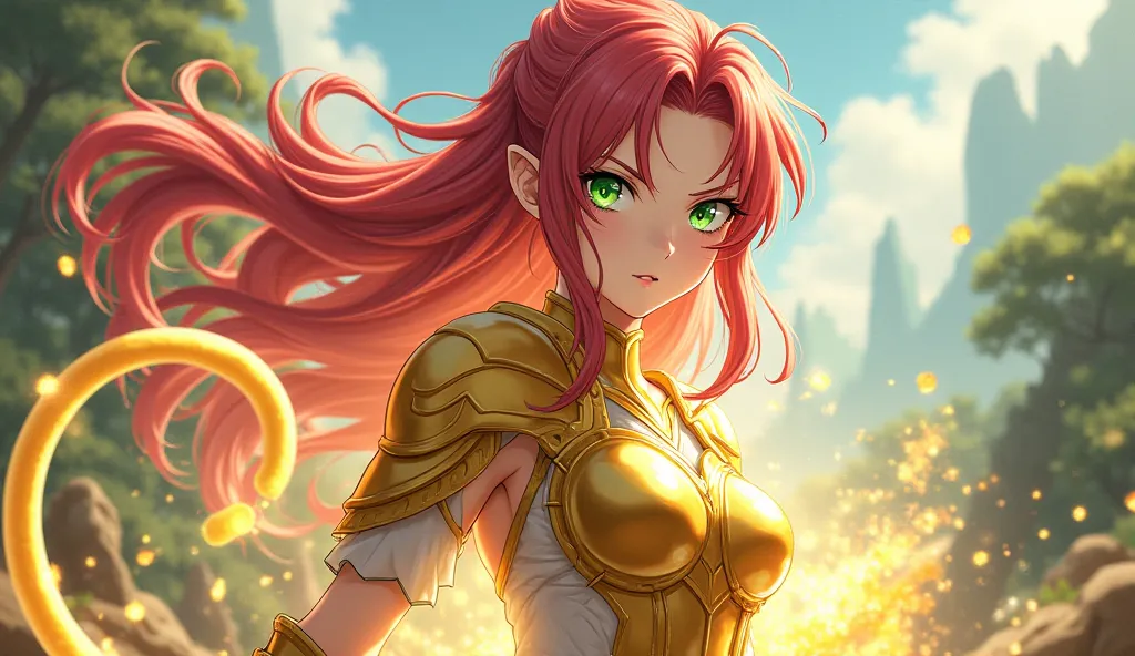 Female 2D anime character, fairy Tail, crimson hair,  bright green eyes , Light golden armor,  golden monkey tail  