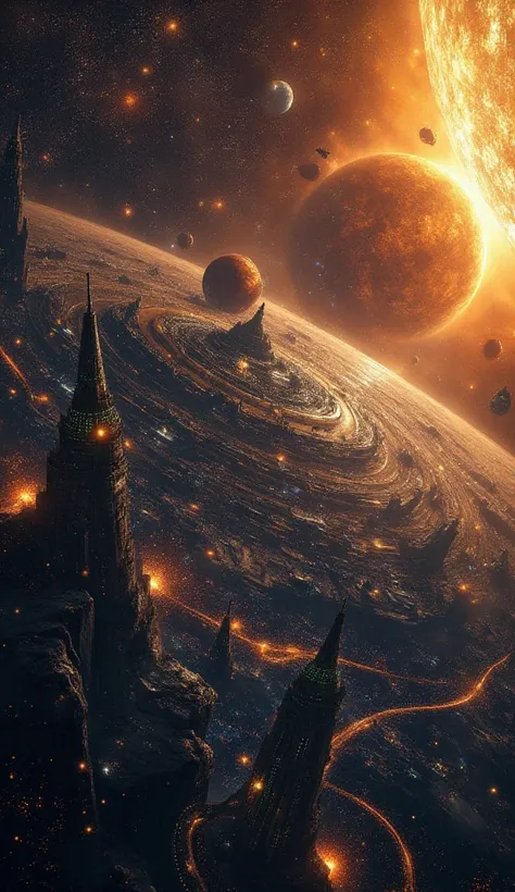 "A Type III civilization thrives across the galaxy, its megastructures reshaping the fabric of space. Dyson spheres and energy collectors surround countless stars, channeling their limitless power into vast networks of interstellar cities.

In the distance...