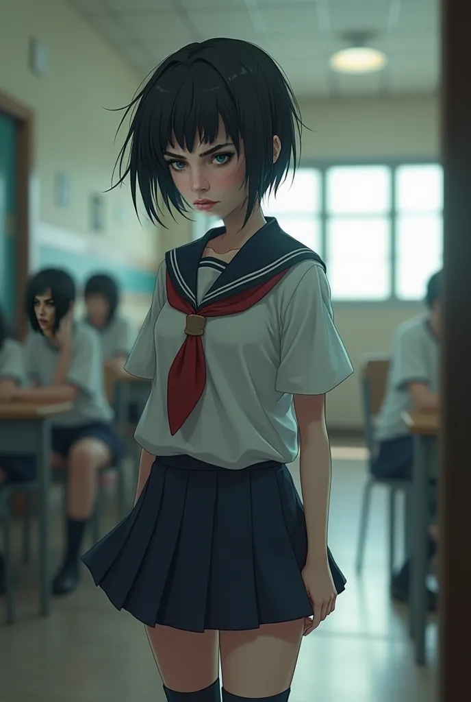 Young emo schoolgirl with short hair smooth disheveled in japanese schoolgirl outfit 