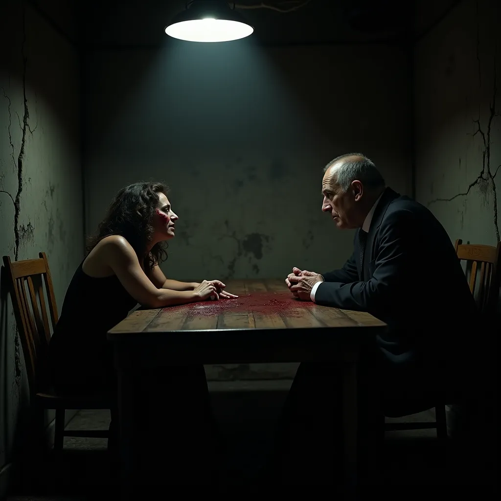 A dark, rough interrogation room with a single ceiling light casting a hard glow on a distressed and bloodied woman sitting at the table.  On the other side of him is a detective , aged and severe ,  looking down with a steel expression .  The walls are cr...