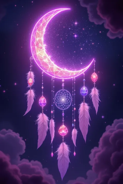 pinkfluxproultrafantasia, ((masterpiece, best quality)), a very beautiful Crescent as a dream catcher with hanging feathers gemstones flowers purple, pixiv illustration, masterpiece, best quality, HD, 8k, hyper realistic, fantasy by Olga Fedorova