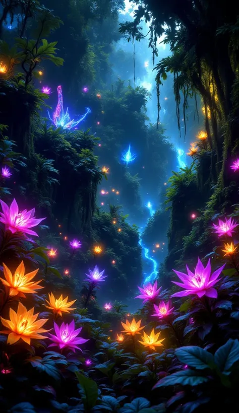 Night view of a mystical jungle in the style of the movie Avatar, different plants and different magical creatures that glow in colorful neon lights in the night are beautifully visible, in the foreground some magical flowers fill the lower third of the sc...