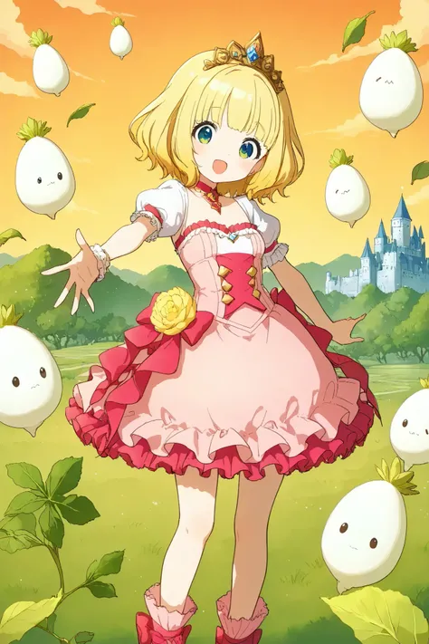 masterpiece、highest quality、I am a Princes daikon\(canary yellow hair,sakura pink dress,tiara with green leaves\),many little daikon\(litle Japanese white radish charactder with green leaves\),focus on the princes daikoncute kawaii village, castle made of...