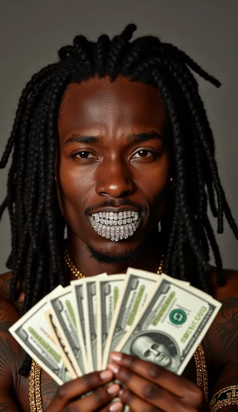 black dread head that's holding a fan of $100 bills smiling with diamond grillz