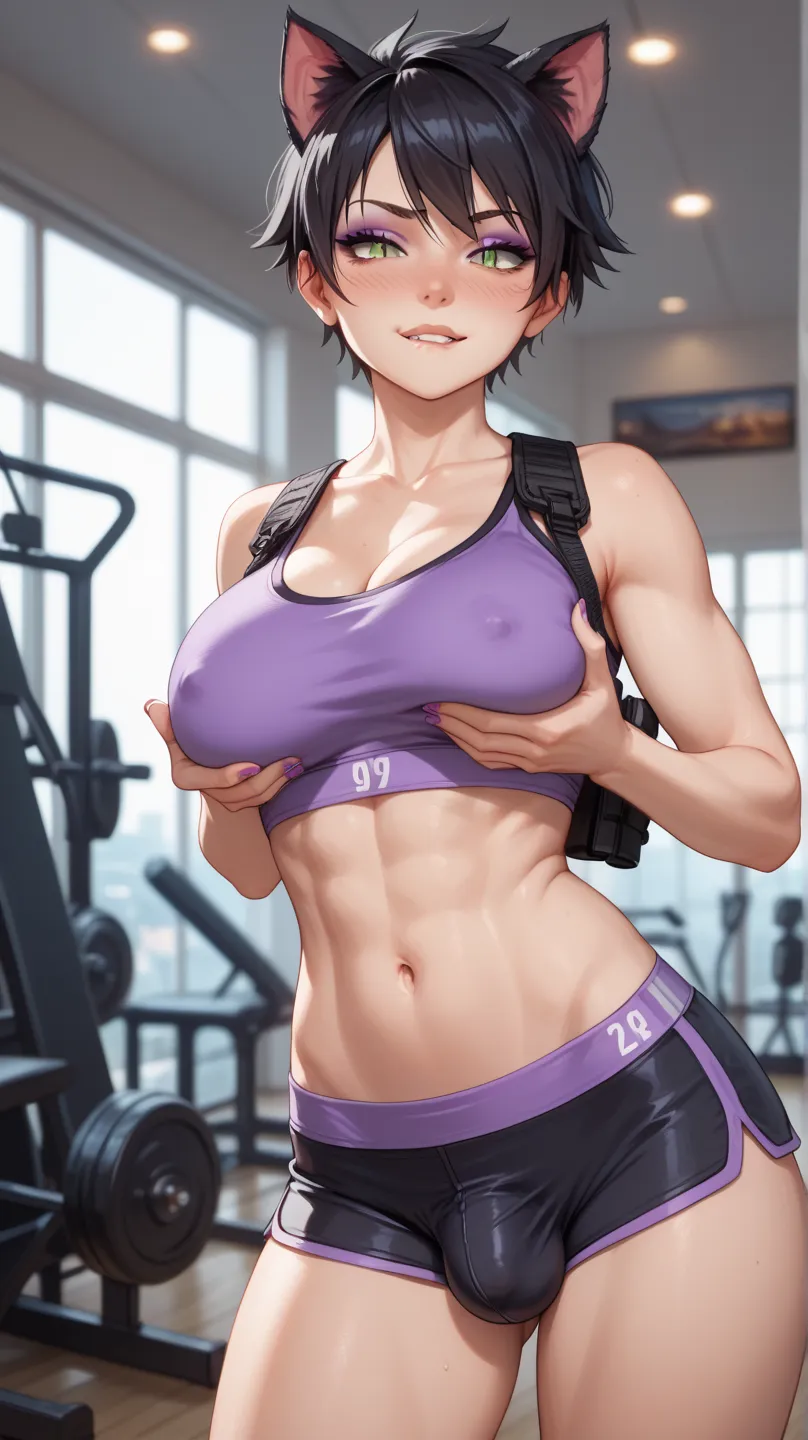 Tomboy, futanari, succubus, medium crotch bulge, round breasts, feminine midriff, feminine arms, smooth feminine thighs, sports bra, purple tanktop, boy shorts underwear, sexual, tactical gear, holding her breasts, short wavy black hair, tomboy hair, bitin...