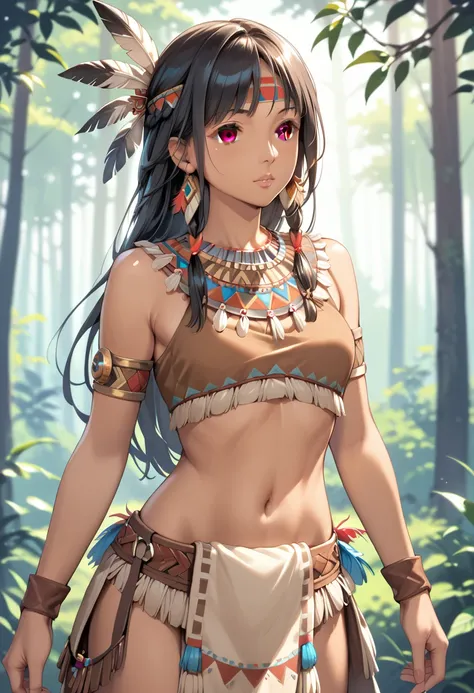 extremely detailed CG, high resolution, best quality, masterpiece, single woman, native american, brown eyes (beautiful detailed eyes: 1.4), black hair, native american clothes, feather accessories, natural pose, forest