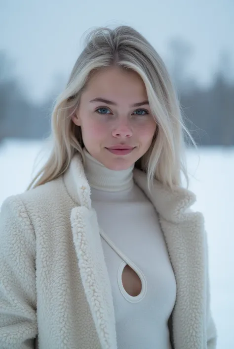 Snow-white Slovak girl with Slavic features wears a bodysuit And Fleece jacket with an opening on the chest her skin shows signs of cold she is in a cloudy area with very low temperature, She is photographed without realizing it, the image has a cold chari...