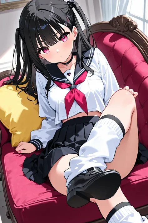 miniskirt　薄い緑色の髪　black thigh high knee high socks　 beautiful feet　loose socks　lifts up the skirt　eyes are hearts　