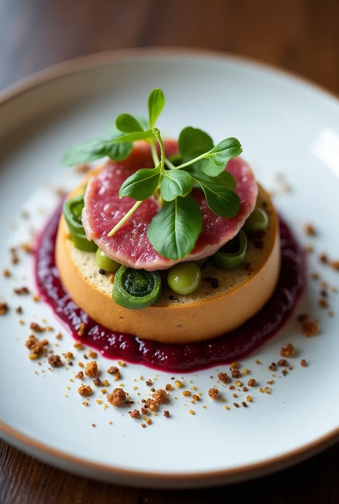 4x4 cm round sandwich, of sourdough bread with quelites, on top of roasted beetroot puree with veal carpacho, on top of apple chili sauce, with sunflower seed garapiño and chocolate amaranth on top