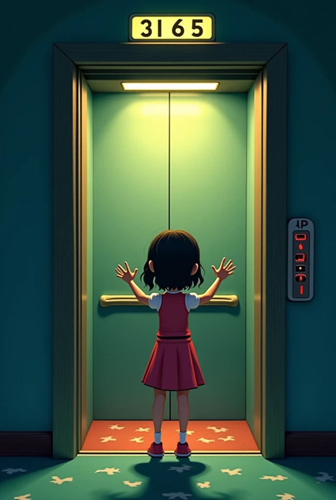 A cartoon-style hotel elevator, with a young girl  (Elisa Lam) inside, performing strange movements:  looking out, hiding in a corner and raising your hands as if you were talking to someone. Flickering lights and shadows that suggest something supernatura...