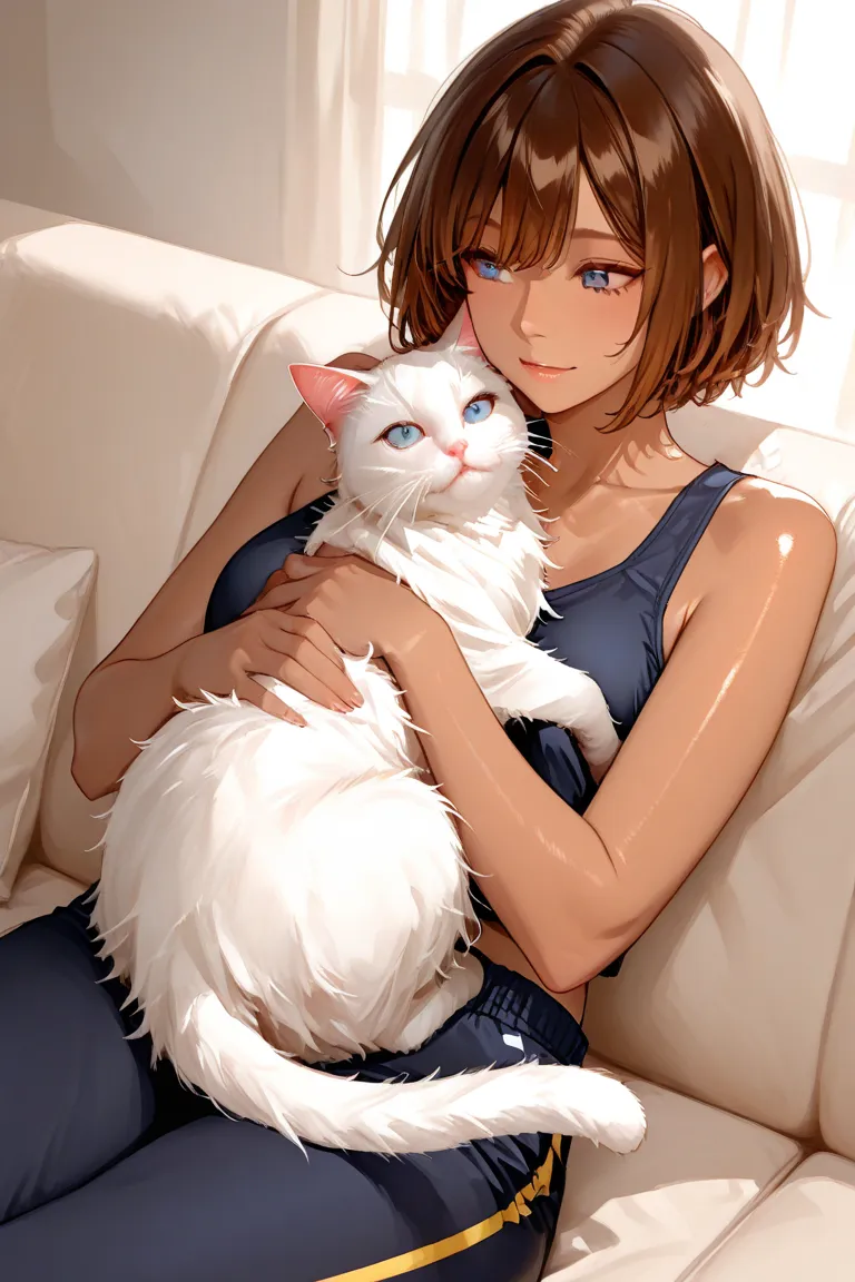 Girl with brown legenth short hair and girl golden Ambereyes tan skin  girlwith fmale girl brown hair lady amber eyes wear loose top and sport pants sit on sofa hug a white cat with blue eyes on her lap,