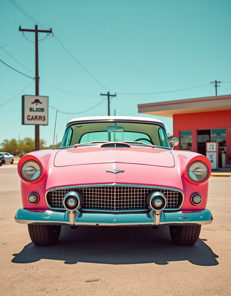 1950 pink Ford Thunderbird photo, front view,
Arizona,  Desert gas station , Road Movie, 
bright desaturated sunlight
--ar 3:2 --style raw --s 50