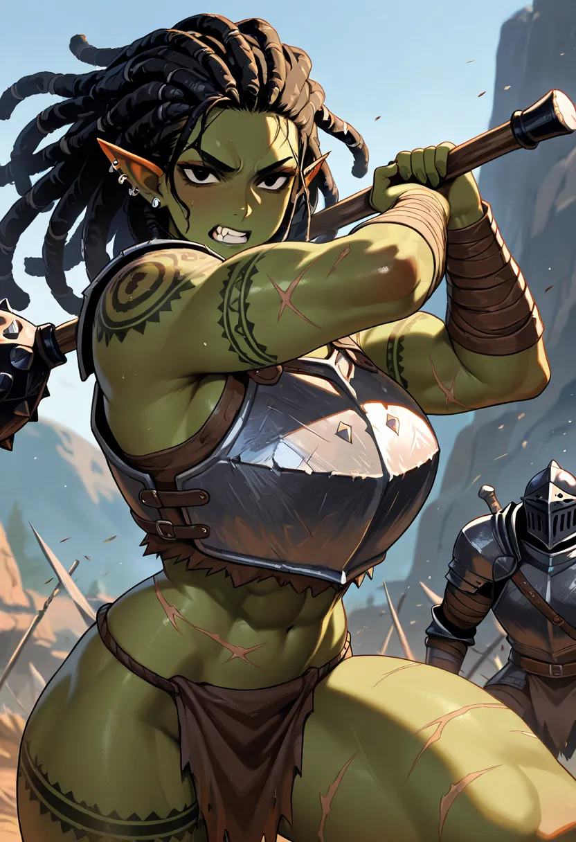 Masterpiece, high quality, (dark Green skin tone), orc, fit, beautiful orc, pointy elf ears, armor, chest armor, knight armor, muscled female, muscled biceps, muscled abdomen, curvy body, powerful build, warrior, female, fanged teeth, scars, tribal tattoos...