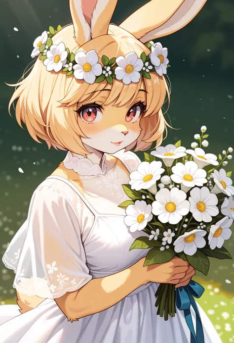 1girl, (furry, kemono:1.4), rabbit girl, animal nose, rabbit ears,  short hair, blonde hair, lips, dress, white dress, looking at viewer, flower, bouquet, head wreath, solo, holding, white flower, masterpiece, best quality, very aesthetic