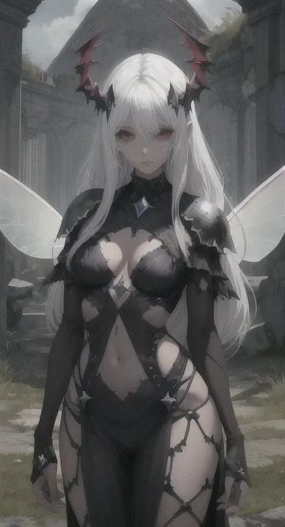 Lost era, Prehistoric princess, dark fairy, Zayla, white hair, diamond red eyes, fairy wings, looking at viewer, long messy hair, lore accurate, star diamond armor, ancient Castle ruins,