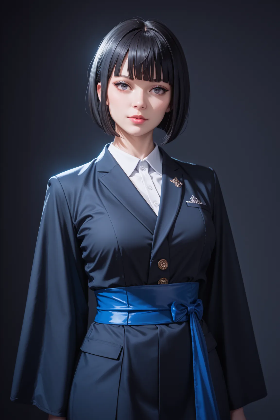 masterpiece,best quality,Ultra High Definition,1 girl,bob cut the blue cloth, black hair,blunt bang,blunt ends,Black Kimono,Amaryllis Prints,night sky,photo-realistic,4K,vivid colors,studio lighting,physically-based rendering,Extreme Details,professional,c...