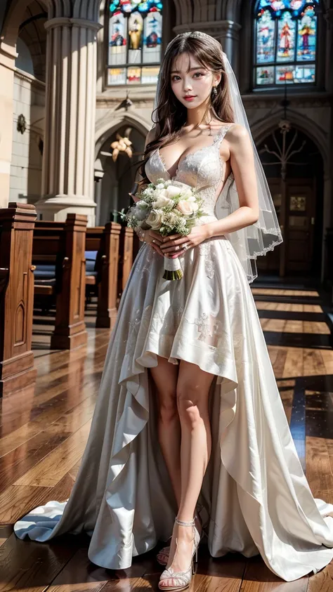 A beautiful young Japanese woman, 26 years old, with healthy thighs, beautiful legs, flawless skin, random hair color and style, large breasts, wearing a (wedding dress:1.3), (she is standing:1.2), full body shot, high heels, holding a bouquet in her hands...