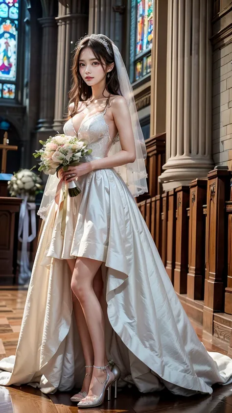 A beautiful young Japanese woman, 26 years old, with healthy thighs, beautiful legs, flawless skin, random hair color and style, large breasts, wearing a (wedding dress:1.3), (she is standing:1.2), full body shot, high heels, holding a bouquet in her hands...