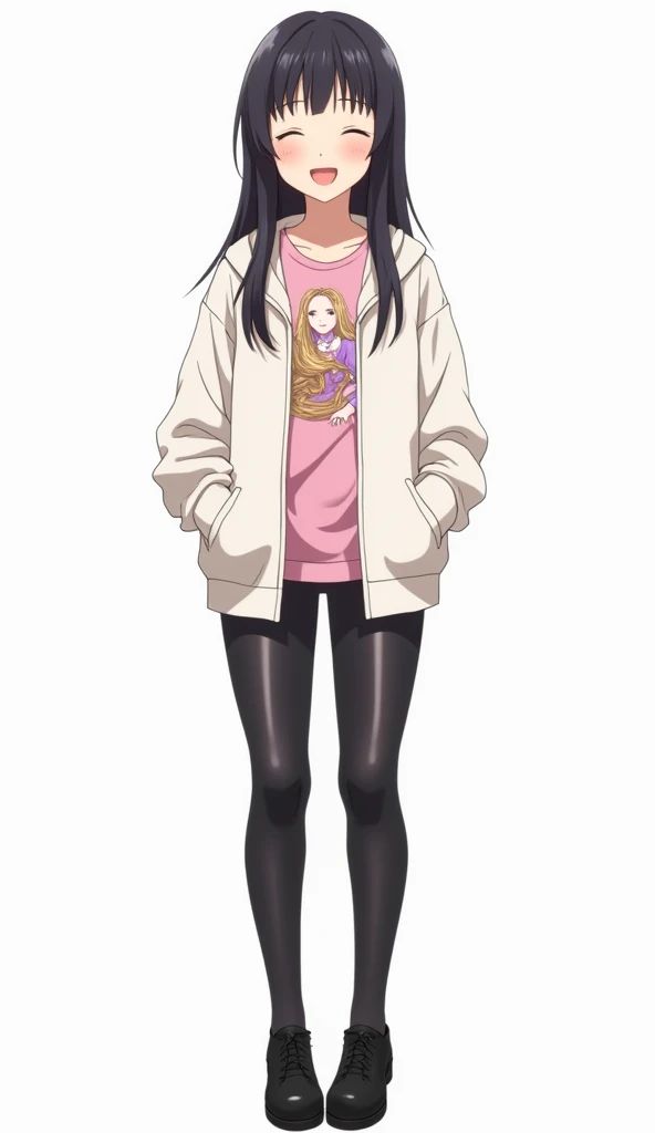 Japanese anime adolescent woman with long straight black hair and closed eyes and wears a set of clothes for girls consisting of a white open-zip sweatshirt and a pink t-shirt with a Rapunzel print and shiny leather or latex leggings and a pair of black sc...