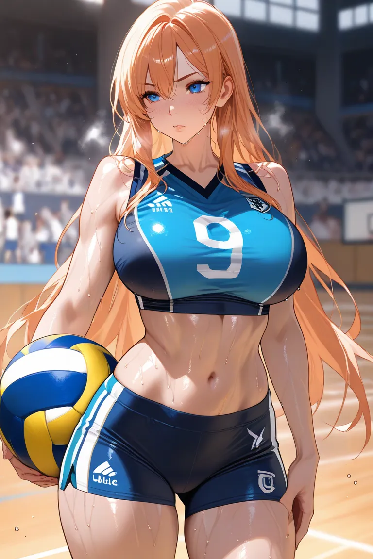 Very tall volleyball player,  hottie, very sweaty, very tight sports shorts, Clothes wet with sweat , big blue eyes 