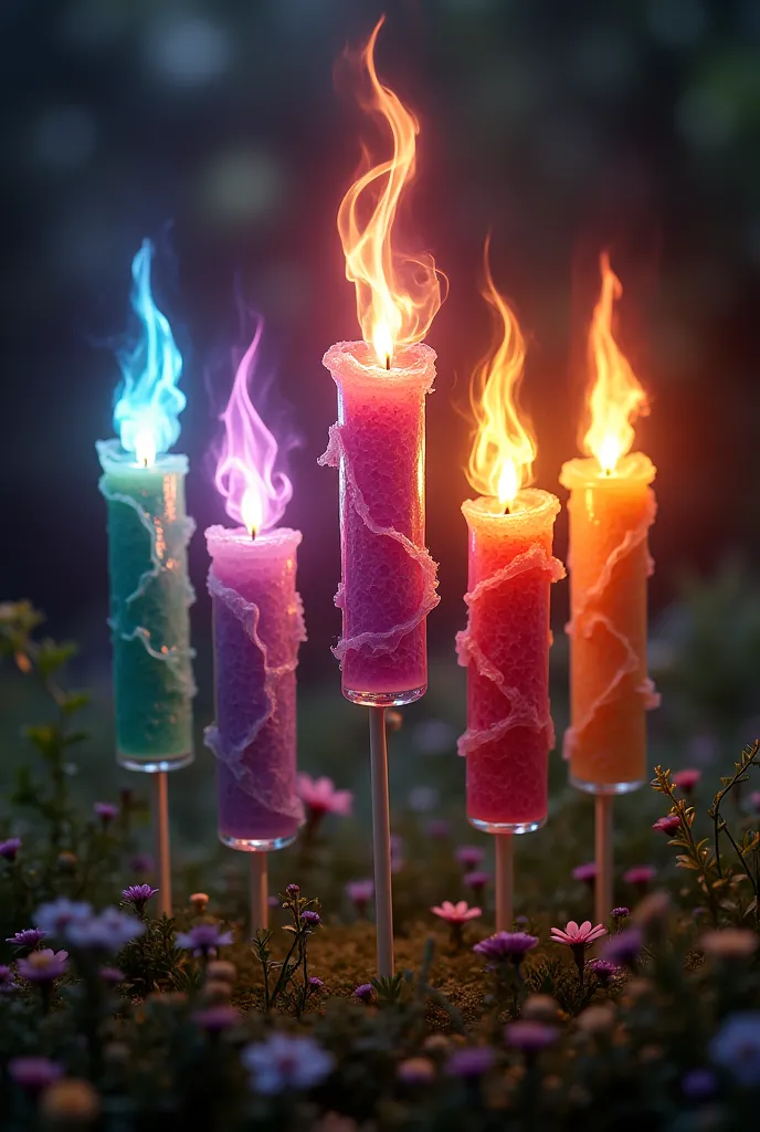 Create 5 of those of different colors that go into colored flames without melting and the fire is of different colors