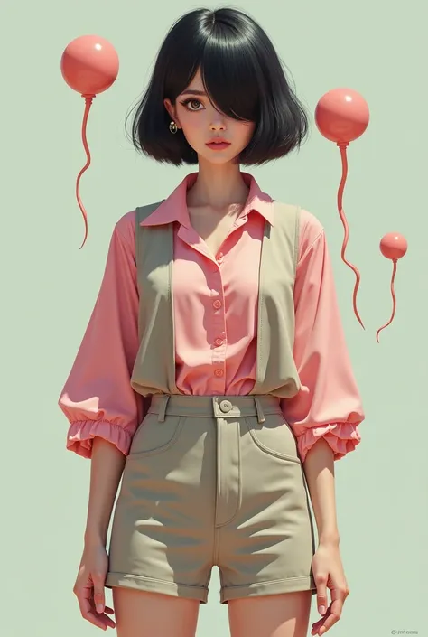 The girl is wearing a pink blouse, a loose-fitting waistcoat, a black hair blouse in front of her eyes. Sperm shorts are worn face to face with tongue.