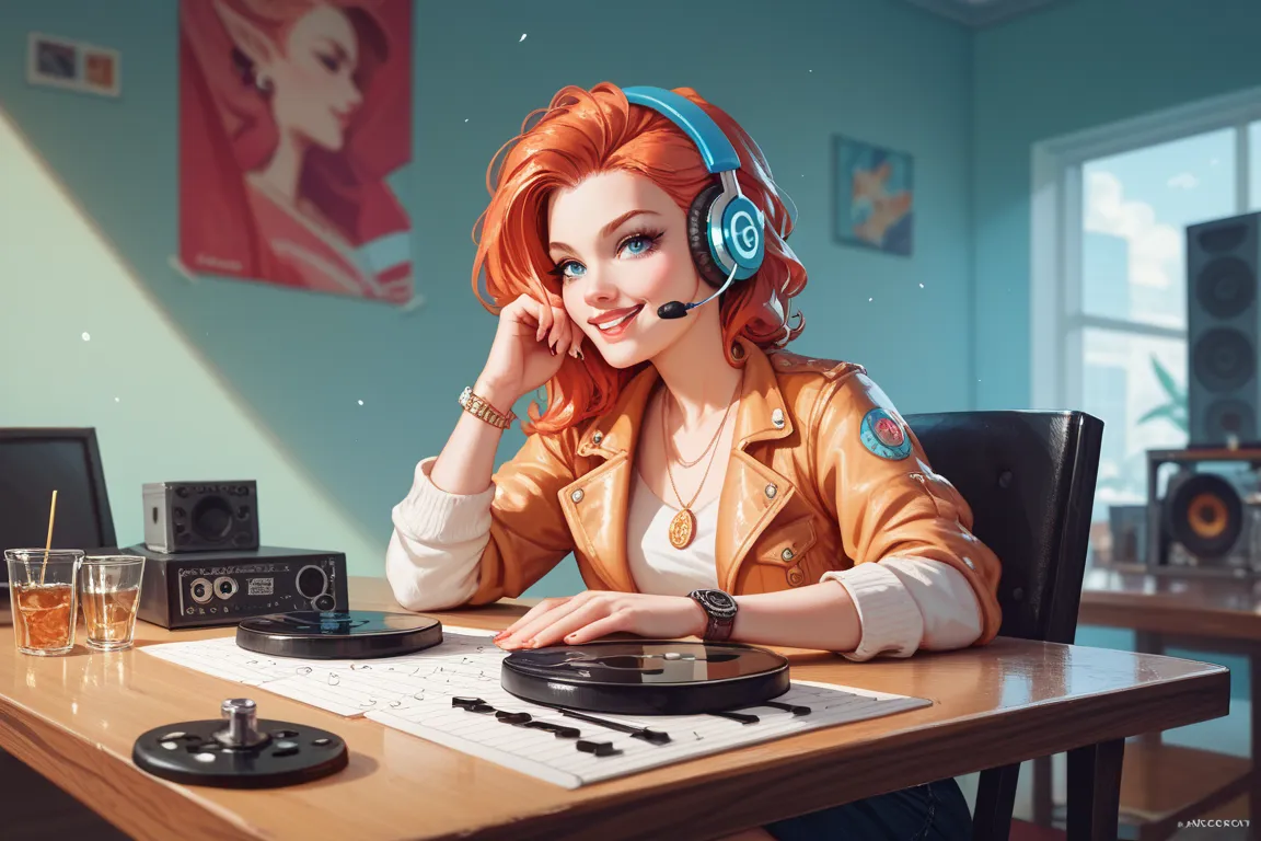 Creat me a background image for my music videos lofi girl sitting on a stady table and listen to music with a headset 