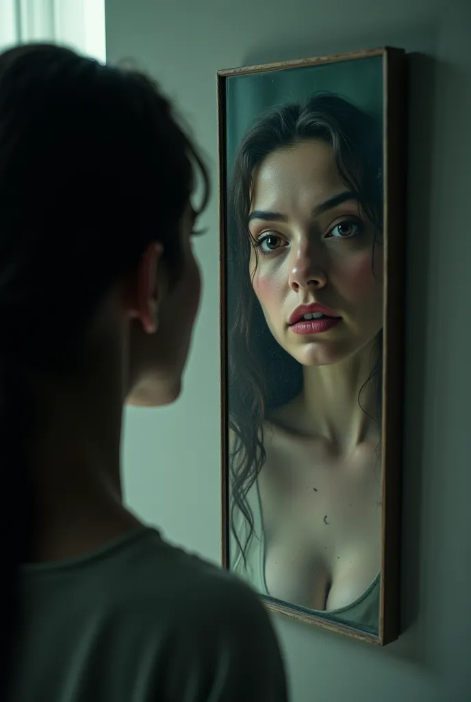 Woman looking in the mirror with a terrifying reflection with an abstract touch 