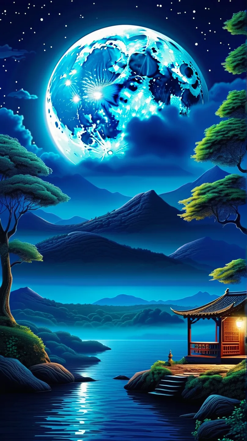 At night, I saw a, another world,  I saw Fantastic World, On a night illuminated by blue moonlight, best image quality.