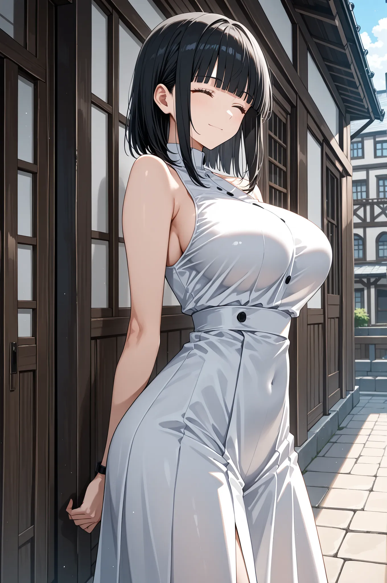 best quality,woman,black hair,medium hair,straight hair,blunt bangs,sidelocks,large breasts,brown eyes,light smile,closed eyes,closed mouth,standing,white onepiece,town