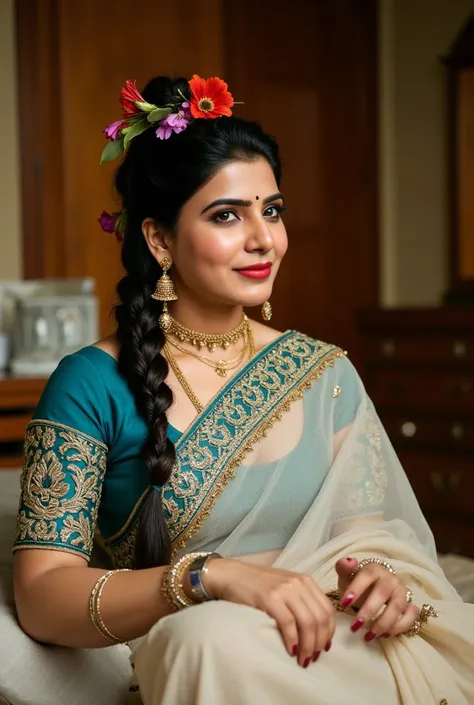 Samantha Ruth Prabhu, full body, dont be naked, huggy push-up big breasts, hugge boobs, Side view of a mature Hindu milf sitting on a table looking at camera, with lust in her eyes, black hair tied around, flowers in head,sandal mark on forehead, sindhur o...