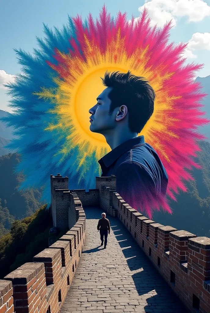 "In the dazzling background of the Great Wall of China, a section of the wall is decorated with a work in the style of Bank Sy. The work presents a man with a face of despair, trapped inside a gigantic painting circle of bright acrylic colors that seem to ...