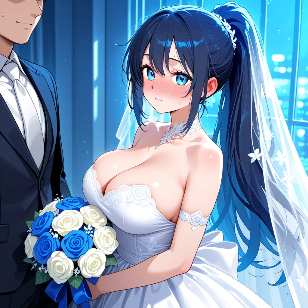 Blue light　 Wedding in the Rain 　woman　The dark blue ponytail changes to light blue from the middle　Big Breasts　white wedding dress　bouquet　blush