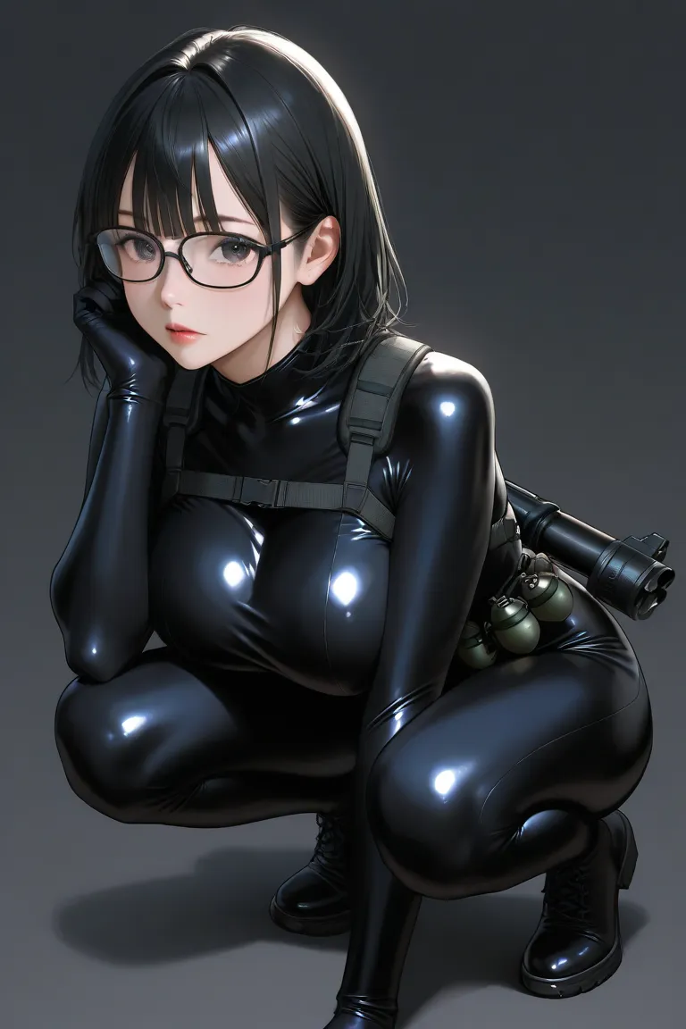 black rimmed glasses、Plain woman、Big Breasts、Short black hair、bangs、 extremely realistic 、highest quality、very detailed、 Line Art、simple background、grenade launcher、 black rubber suit、 squat