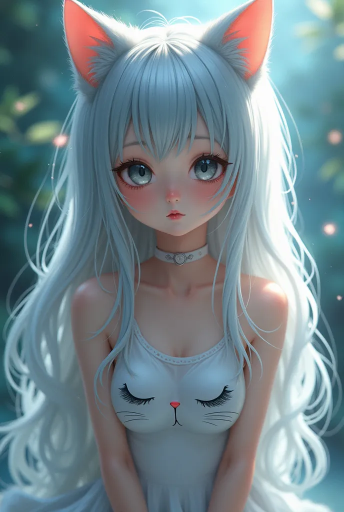 Silver haired girl with cat ears and cat swimsuit with vail 