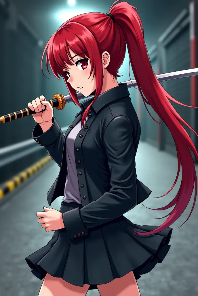 Muscular, red-haired girl with long hair tied in the shape of a ponytail, having a fighting expression and a Naginata posing defensively. Wearing a dark leather jacket and a skirt. Side anime drawing with dark underground road background