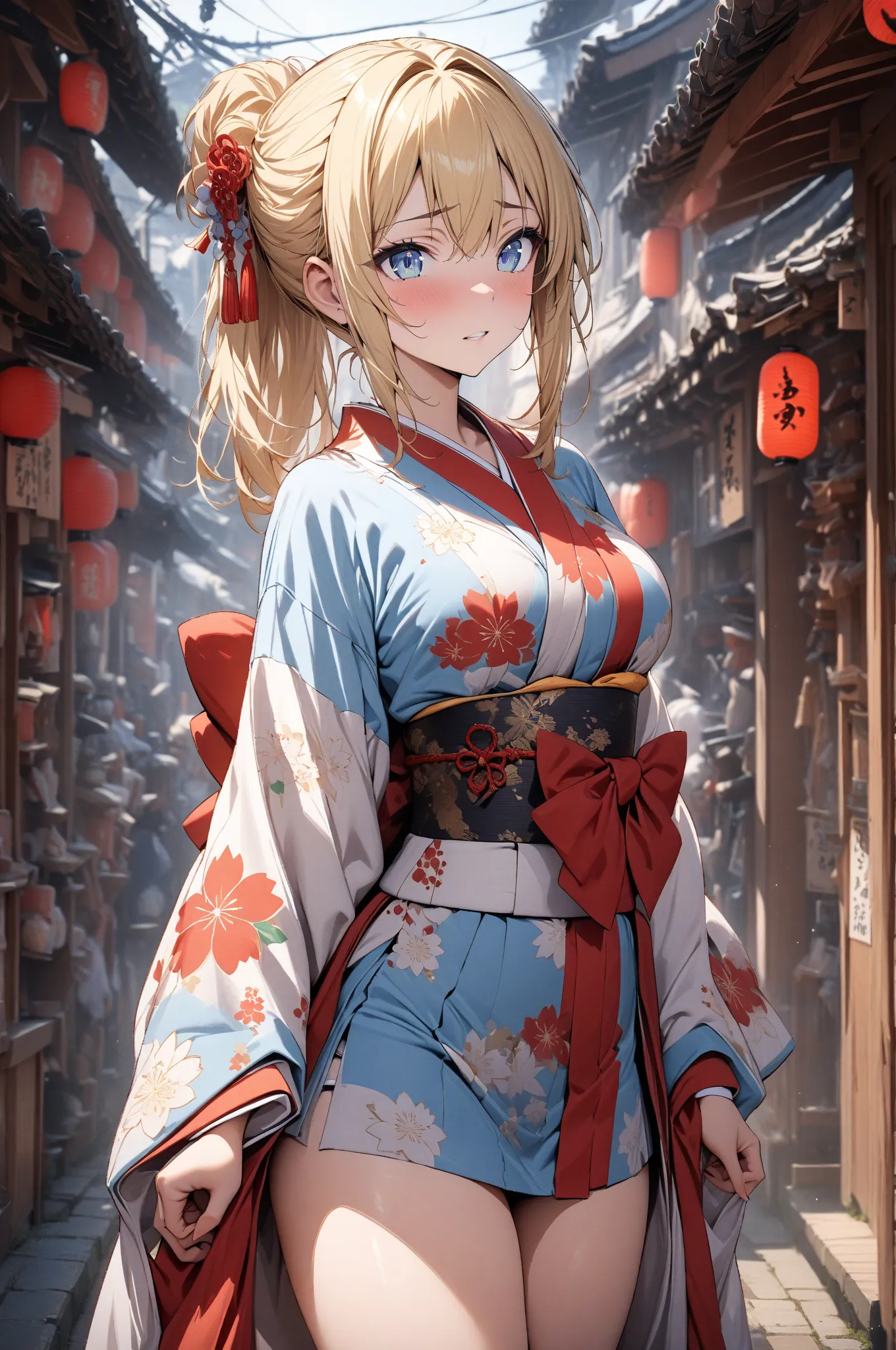 (masterpiece, detailed:1.2), One Girl, (18-years old), blonde one updo, Medium Breasts, sky blue eyes, BREAK, Highest quality, Japanese town, Kimono, 