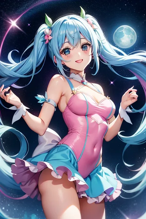 Super Idol　a beauty girl　A charming smile　sky blue hair　length hair　Twin-tailed　Bright white and pink and blue bright sexy leotard outfit　Fantasia　constellation　a moon　Crystal Brilliance　Aurora Borealis in the Night Sky