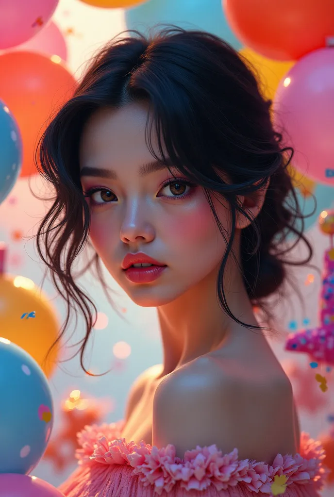 I want a character that looks like my (dark brunette with black eyes black hair with bangs I use beautiful and very feminine lenses) in the background I want there to be a lot of balloons and piñatas.