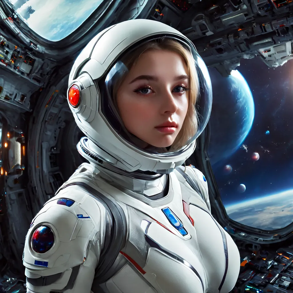 cowboy shot、in strange ruins on an unknown planet、Beautiful sixteen year old French woman、 sportswoman、no makeup、 wearing a white spacesuit、like life support equipment々with embedded sensors、 space helmet、perfect proportions、big bust、big ass、perfect face、ma...