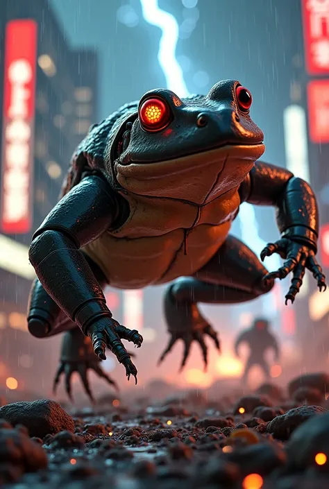 "Hyper-realistic dramatic battle scene: The cane toad (Rhinella marina) in a torn black suit (ripped sleeve revealing muscular amphibian forearm) leaps mid-air against 3 robotic enemies with glowing red eyes. Dynamic composition:  

- **Foreground**: Toad'...