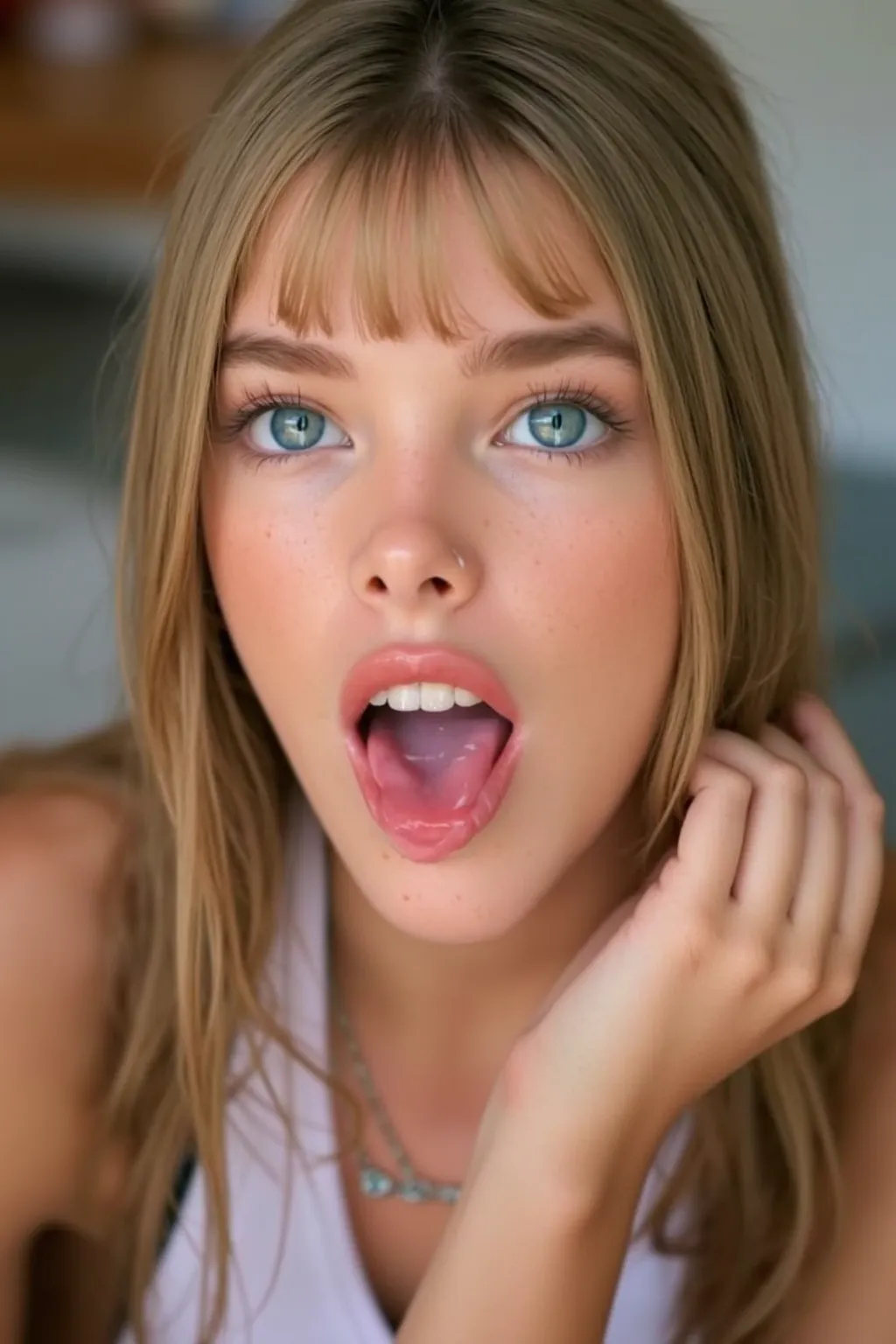 Realistic photo , long light brunette amber hair, bright blue eyes, tanktop, tall socks. and skirt, long necklaces, earrings, bra peek

Sexy posing in a kitchen at dinner viewed from above shows her lips, peaceful environment, and body. Vibrant colors.  Be...