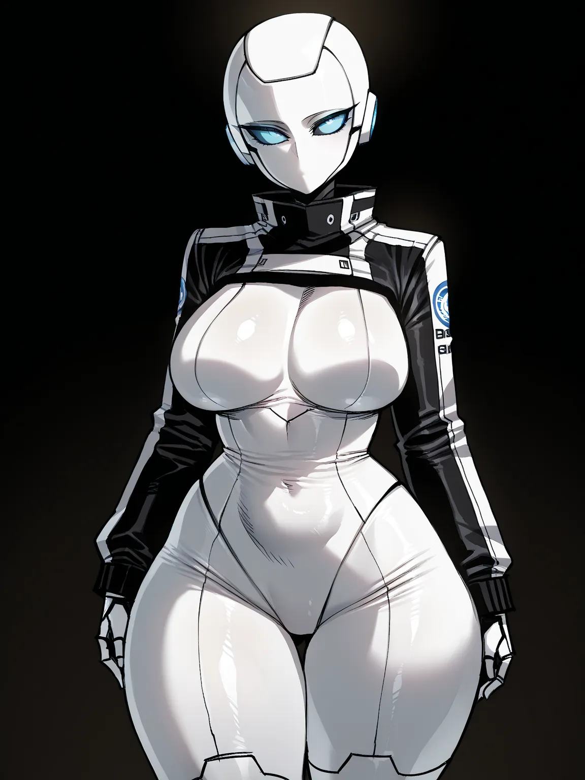 ((ratatatat74)), ((1 girl)), ((solo)), (tall), ((robot girl)), Seductive Face, Seductive Expression, Quality_masterpiece, Anatomically correct, Detailed skin, Curvy, Voluptuous, Wide hips, Thick thighs, ((white robot head)), no_eyes, no_lips, no_mouth, no_...