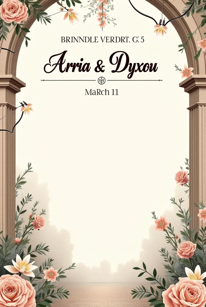 Carton d'invitation pour le mariage d'invitation pour le mariage D'Arria et Dyxou le 12 mars , avec en fecoration des arc à fleche et un temple romain 