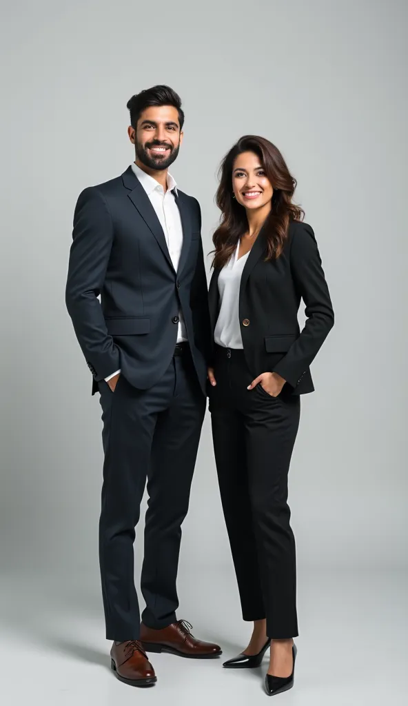 Two people in suits, Man and woman, Latinos or Hispanics, white or gray background, Looking Ahead Alegres, 4k, well detailed, professional photography background.